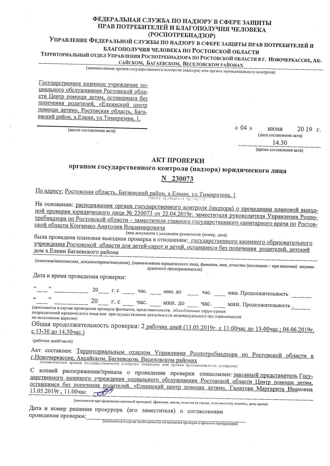 Акт проверки Роспотребнадзор № 230073 от 04.06.2019